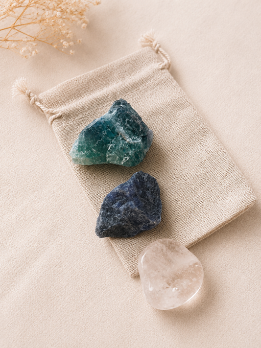 Pack de Minerales para la Claridad Mental | Fluorita, Sodalita y Cuarzo Cristal