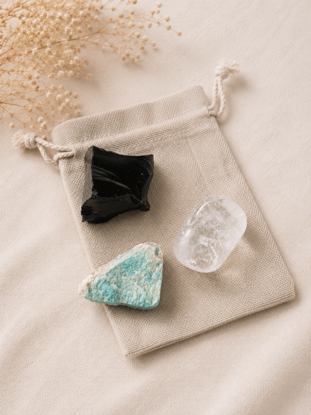 Pack de Minerales de Protección | Obsidiana, Amazonita y Cuarzo Cristal