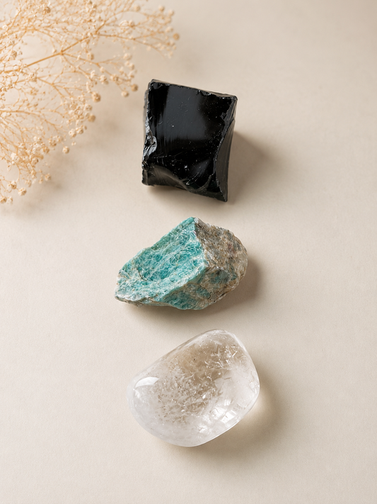 Pack de Minerales de Protección | Obsidiana, Amazonita y Cuarzo Cristal